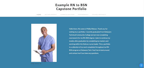 Screenshot of a sample e-portfolio page showing a person in blue scrubs